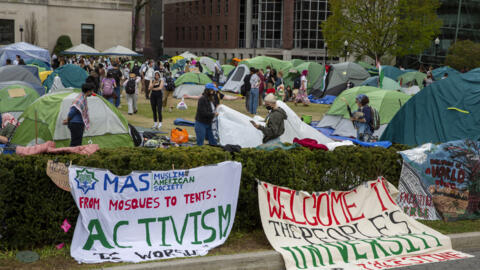 Estuddents and other protesters are in a tent camp on the campus of Columbia University in New York on Wednesday, April 24, 2024. Students at a growing number of U.S. colleges are gathering in pro-Pal