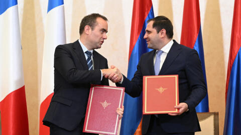 French Defence Minister Sebastien Lecornu and his Armenian counterpart Suren Papikyan attend a signing ceremony following their talks in Yerevan on 23 February, 2024.