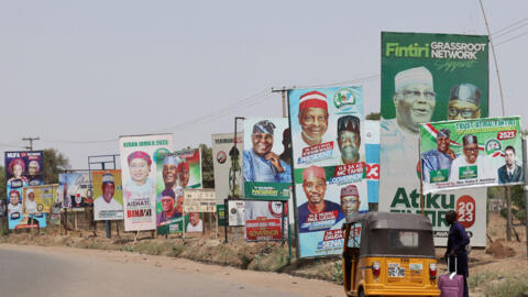 Campaign posters in Yola, Nigeria, 23 February 2023, ahead of presidential and parliamentary elections on 25 February.