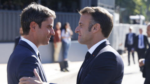 Gabriel Attal, primeiro-ministro de França, e Emmanuel Macron, Presidente de França. Paris, 14 de Julho de 2024.
