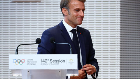 French president Emmanuel Macron at the IOC Session Opening Ceremony ahead of Paris 2024 Olympics at the Fondation Louis Vuitton, Paris, 22 July 2024.
