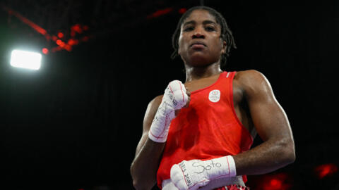 Boxer Cindy Ngamba, a member of the Refugee Olympic Team, after beating France's Davina Michel in the women's 75kg quarter-final match at the 2024 Olympic Games, at the North Paris Arena on 4 August 2024.