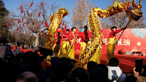 2024 年 2 月 10 日，中国北京，龙年大年初一，民间艺人在公园庙会上表演舞龙。