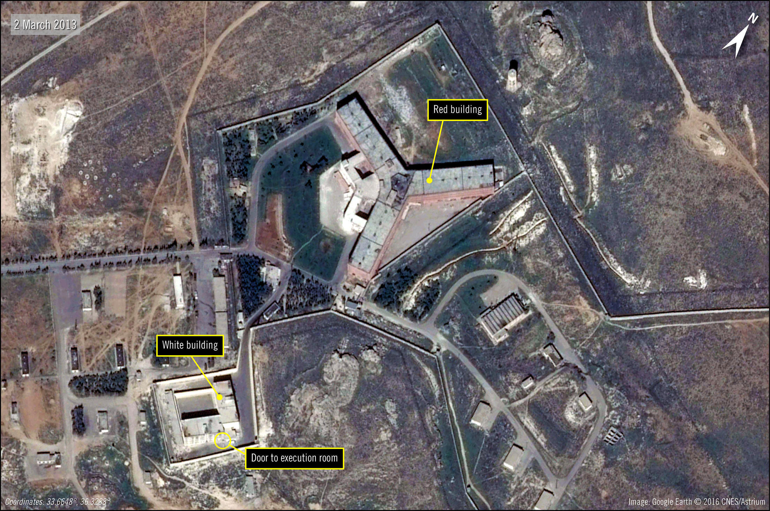 This file handout satellite image shows Syria's notorious Sednaya prison. A booming trade has emerged for 'fixers' offering to help families locate or save their loved ones from a murky web of regime jails infamous for torture