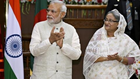 印度总理莫迪与孟加拉国总理哈西娜资料图片