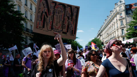 Protesters at a demonstration in Paris called by feminist organisations against the French far-right National Rally party ahead of upcoming parliamentary elections, on 23 June 2024. 