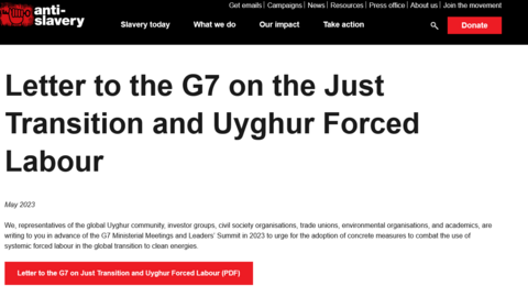 数十个人权组织与个人呼吁G7关注强迫劳动，2023年5月19日。