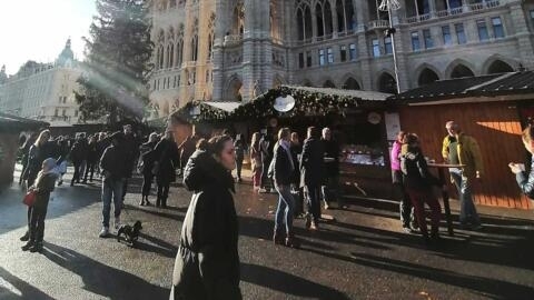 Puestos de venta de salchichas en la feria de Navidad de Viena, Austria.