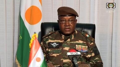 Le général Abdourahamane Tiani lors de son allocution sur Télé Sahel, le 28 juillet 2023.