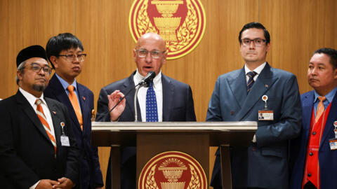 UN Special Rapporteur on the situation of human rights in Myanmar Tom Andrews speaks during a press conference after a meeting with Thailand's Parliamentary Committee on National Security, Border Affa