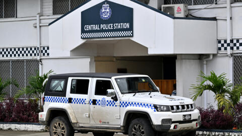 A police car, provided through the China Aid program, is seen in front of the Central Police Station in Honiara, capital city of Solomon Islands on April 16, 2024.