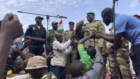 Mohamed Toumba, one of the soldiers who ousted Nigerian President Mohamed Bazoum, addresses supporters of Niger's ruling junta in Niamey, 6 August 2023.