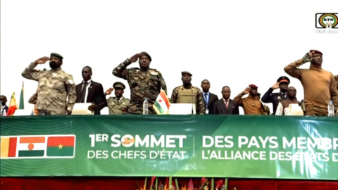 (L-R) Mali’s Colonel Assimi Goïta, Niger’s General Abdourahamane Tiani, Burkina Faso’s Capt Ibrahim Traoré at the first summit of the Alliance of the Sahel States (AES) in Niamey where they signed a confederation treaty.