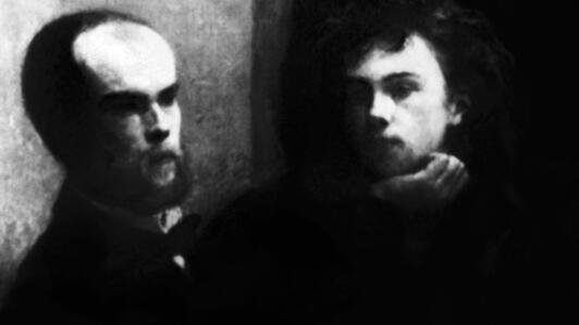 Detaliu din tabloul pictat de Fantin-Latour, intitulat "Le coin de table", în care apar marii poeți francezi Paul Verlaine (stânga) și Arthur Rimbaud, expus la Musée d'Orsay din Paris, fotografie făcută în septembrie 1954.