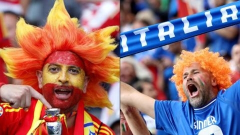 This combination of pictures created on June 18, 2024 shows a Spain supporter posing prior to the UEFA Euro 2024 Group B football match between Spain and Croatia at the Olympiastadion in Berlin on Jun