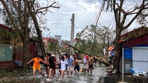 People use ropes to remove fallen trees following the impact of Typhoon Yagi, Hai Phong, Vietnam, September 8, 2024.