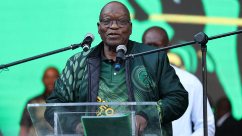 O ex-presidente sul-africano Jacob Zuma, durante comício de seu novo partido, o MK, em Joanesburgo, em 18 de maio de 2024.