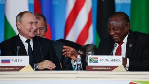 Russian President Vladimir Putin, left, and South African President, Cyril Ramaphosa at the Russia-Africa summit in the Black Sea resort of Sochi, Russia in October 2019. 