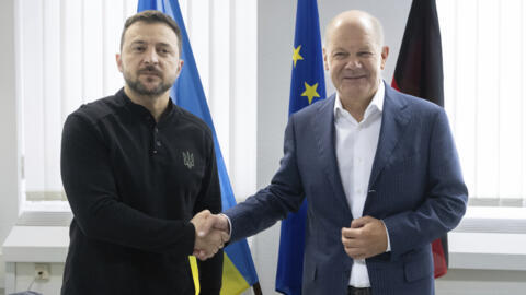 German Chancellor Olaf Scholz, right, and Ukraine's President Volodymyr Zelenskyy meet for bilateral talks at Frankfurt Airport, Frankfurt, Germany, Friday Sept. 6, 2024. (Boris Roessler/Pool via AP)