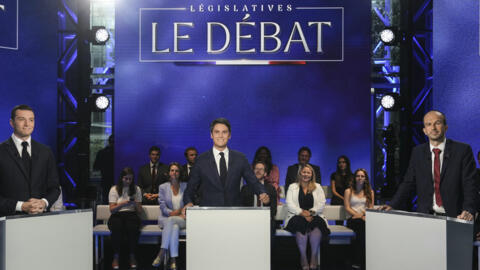 From the left, French far-right Rassemblement National (National Rally) party President Jordan Bardella, French Prime Minister Gabriel Attal and far-left party La France Insoumise (France Unbowed) mem