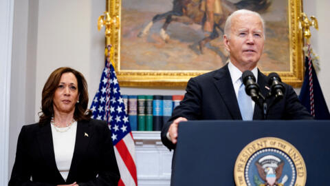 FILE PHOTO: U.S. President Joe Biden speaks next to Vice President Kamala Harris as he delivers a statement a day after Republican challenger Donald Trump was shot at a campaign rally, during brief remarks at the White House in Washington, U.S., July 14, 2024. REUTERS/Nathan Howard/File Photo