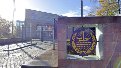 The emblem of the International Tribunal for the Law of the Sea (ITLOS) is pictured at the court's entrance  in Hamburg, Germany on November 6, 2013