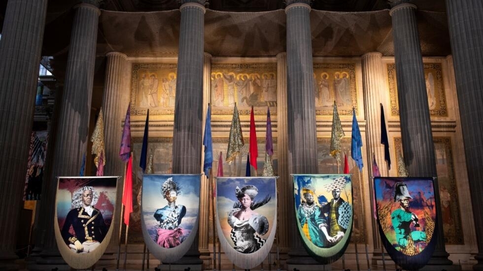 Scene from Raphaël Barontini's exhibition "We could be Heroes" about the abolition of slavery, at the Pantheon in Paris, 19 October 2023 until 11 February, 2024.