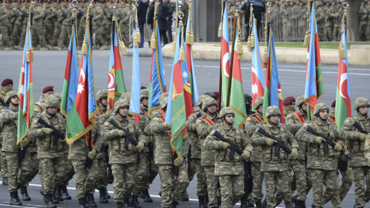 Azerbaijani troops marching past during a parade in Baku, Azerbaijan, on 10 December, 2020.