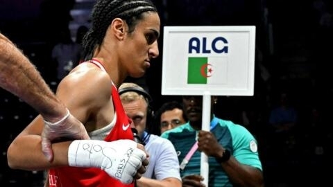 A boxeadora argelina Imane Khelif, em sua primeira luta nos Jogos Olímpicos, na quinta-feira, 1° de agosto de 2024.