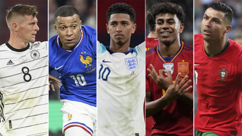 El alemán Toni Kroos, el francés Kylian Mbappé, el inglés Jude Bellingham, el español Lamine Yamal y el portugués Cristiano Ronaldo (de izquierda a derecha) son las esperadas estrellas de la Eurocopa 2024.