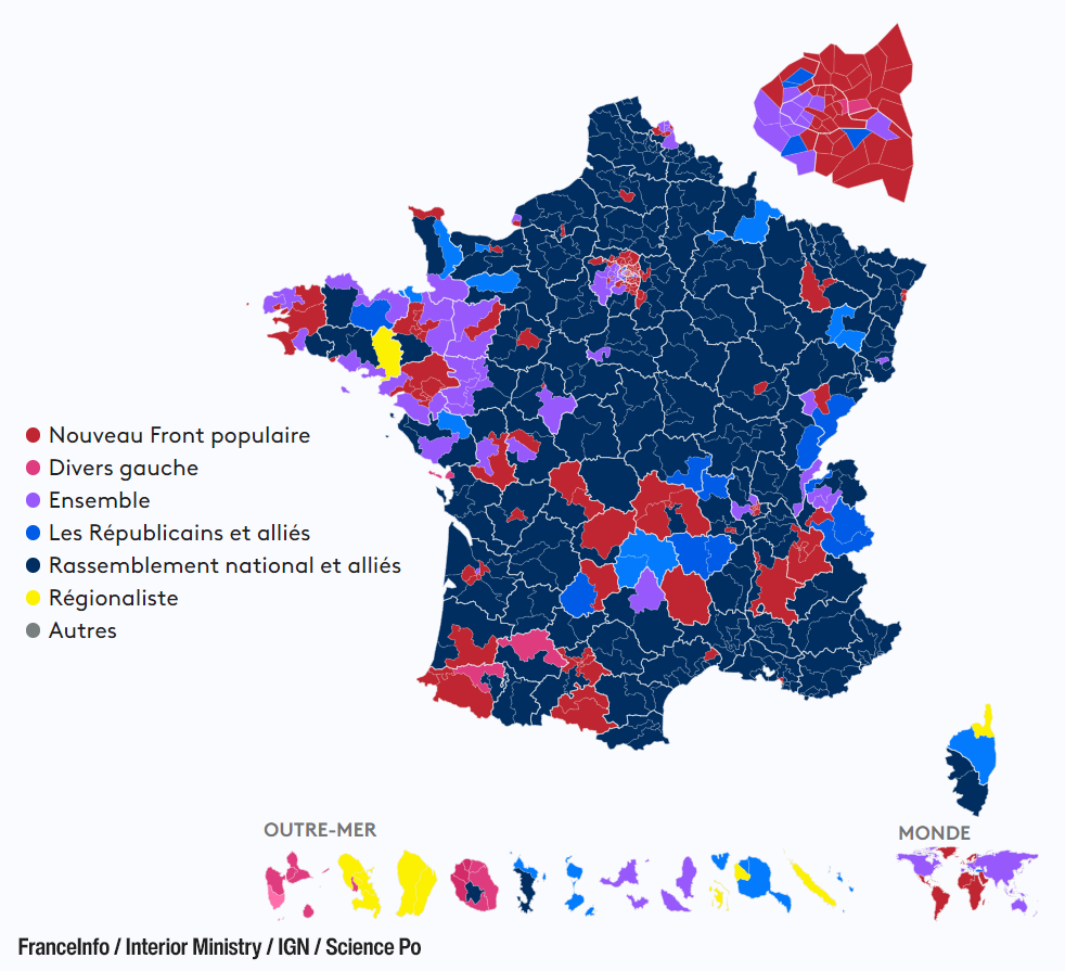 A map shows the current "colours" of France following results in the first round of parliamentary polls.