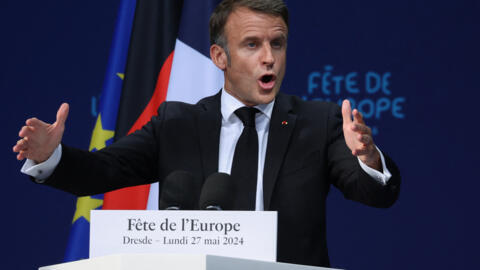 French President Emmanuel Macron gives a speech during the European Youth Festival "Fete de l'Europe" (Festival of Europe) in front of the Church of Our Lady (Frauenkirche) in Dresden, eastern Germany, on 27 May, 2024.