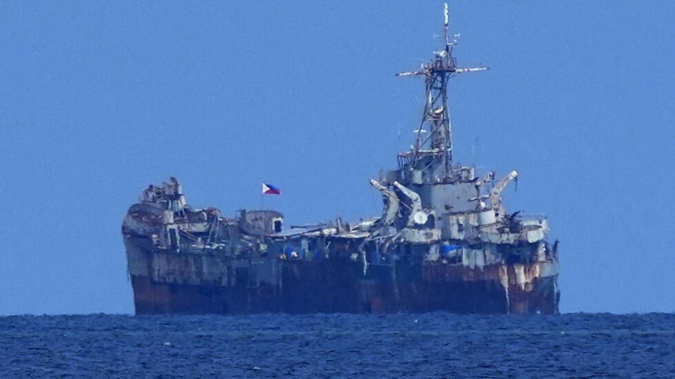 A dilapidated but still active Philippine Navy ship BRP Sierra Madre sits at the Second Thomas Shoal, locally known as Ayungin Shoal, at the disputed South China Sea on Tuesday, Aug. 22, 2023. As a U.