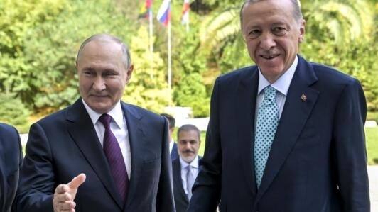 Russian President Vladimir Putin, left, welcomes Turkish President Recep Tayyip Erdogan for the talks at Russia's Black Sea resort of Sochi, Russia in2023.