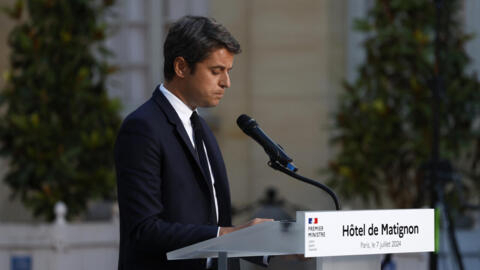 French Prime Minister Gabriel Attal delivers a speech after the second round of the legislative elections, Sunday, July 7, 2024 in Paris. A coalition of the French left that quickly banded together to beat a surging far right in legislative elections won the most seats in parliament.