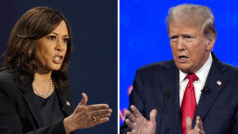 Ảnh ghép của AP : ứng viên Kamala Harris (T) trong một cuộc thảo luận ngày 07/10/2020, tại Salt Lake City, Utah và Donald Trump trong cuộc vận động tranh cử ở Atlanta, Georgia, ngày 27/06/2024.