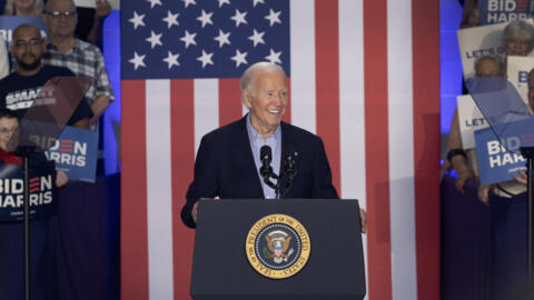 O presidente americano, Joe Biden, durante comício nesta sexta-feira (5), em Madison, no Wisconsin.