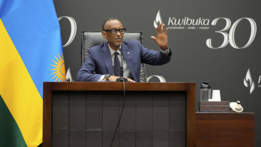 Rwanda's President Paul Kagame gestures as he gives a press conference at Kigali Convention Centre in Kigali, Rwanda, in 8 April 2024.