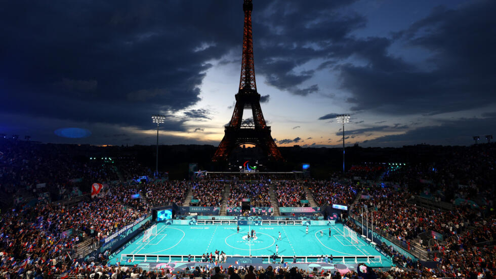 The stadium under the Eiffel Tower during the Paris Paralympics blind football men's final on 7 September 2024, in which France beat Argentina for the gold.