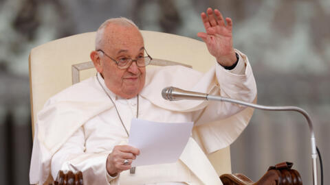 Pope Francis gestures during the weekly general audience in St. Peter's Square at the Vatican, April 10, 2024