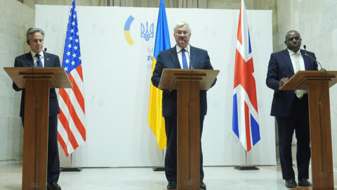 U.S. Secretary of State Antony Blinken, left, Britain's Foreign Secretary David Lammy, right, and Ukraine's Foreign Minister Andriiy Sybiha attend a joint news conference at the Ministry of Foreign Af