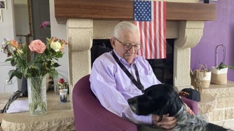 WWII vet Alan Shapiro has bonded with his French host family, Marie and Jony Coulon, and their dog Pasha.