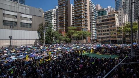 Strikers and protesters meet in Mong Kok district, Hong Kong, on 5 August 2019