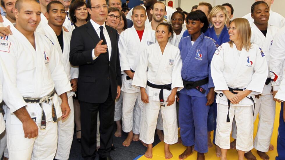 President Francois Hollande, Minister of Sport, Youth and Associations, and Minister Delegate for Disabled People and the Fight against Exclusion, members of the French Judo team for the Olympic Games during a visit at the training headquarters of INSEP