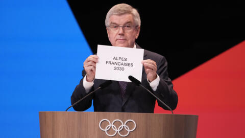 IOC president Thomas Bach announces that the French Alps has been named to host the 2030 Winter Olympics, on 24 July 2024, in Paris, France.