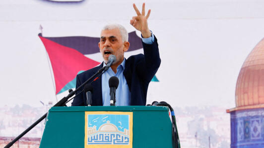 Yahya Sinwar, Gaza Strip chief of the Palestinian Islamist Hamas movement, speaks during a rally to mark the annual al-Quds Day (Jerusalem Day), in Gaza, April 14, 2023.