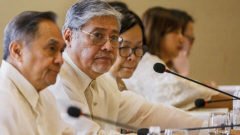 Philippine Foreign Affairs Secretary Enrique Manalo, second left, attends a bilateral meeting with Chinese Foreign Minister Qin Gang at the Diamond Hotel on Saturday, April 22, 2023, in Manila, Philip