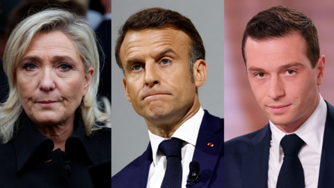 Marine Le Pen, Emmanuel Macron and Jordan Bardella.