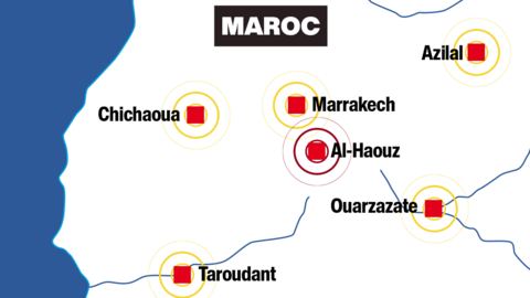 FMM - RFI graphique / Séisme au Maroc : les villes marocaines les plus touchées par le séisme du 08 septembre 2023.
RFI专栏 / 摩洛哥王国于当地时间2023年09月08日晚发生的大地震已知有近3000人遇难，和5600多人受伤。