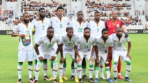 Le Onze des Comores lors des éliminatoires de la CAN 2024 face à la Côte d'Ivoire à Bouaké. Le 24 mars 2023. (Archives).